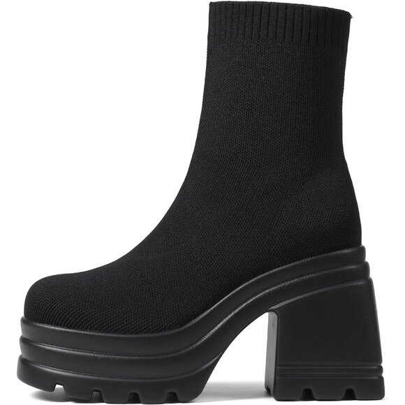 ⚡Women Black Knit Square Toe Stretch Soft Block High Heel Punk Dress Sock Boots - Picture 1 of 6